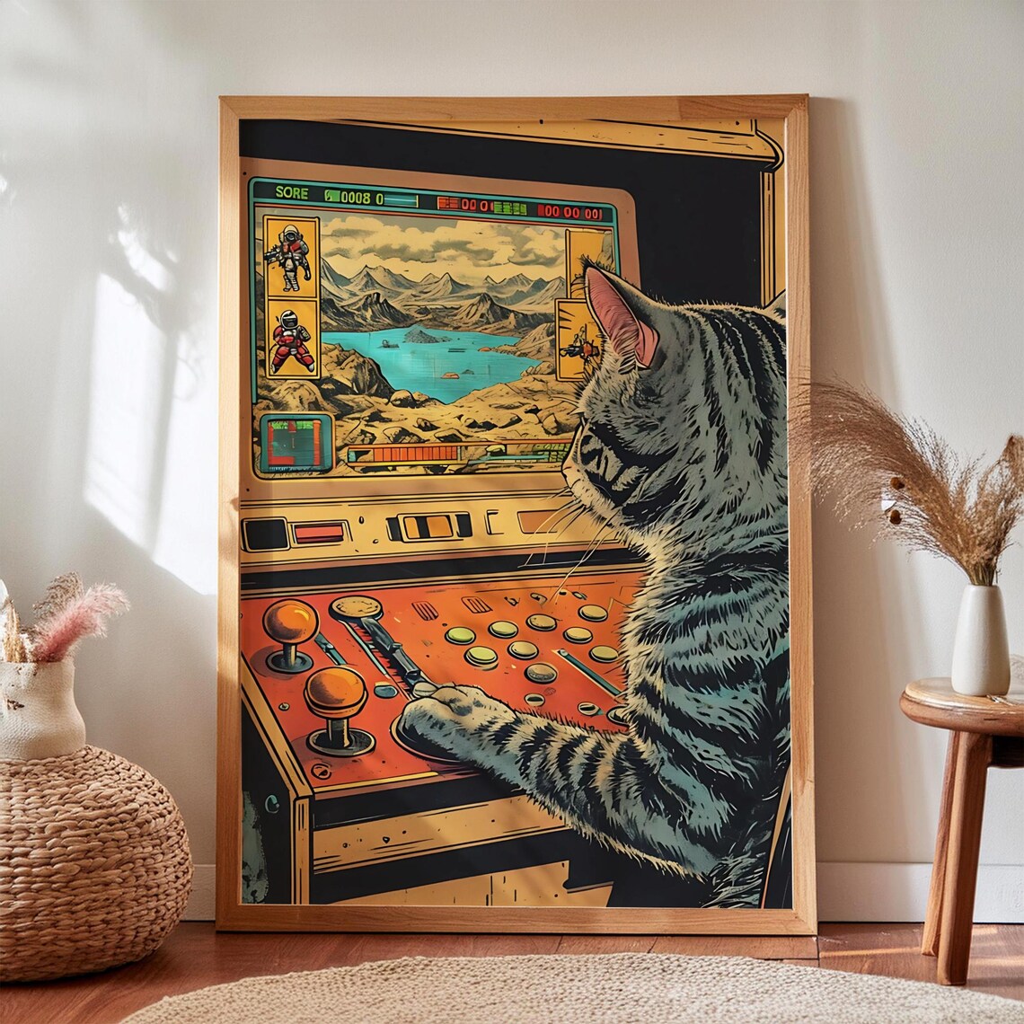 Retro Cat Gamer Print, Vintage Arcade Art