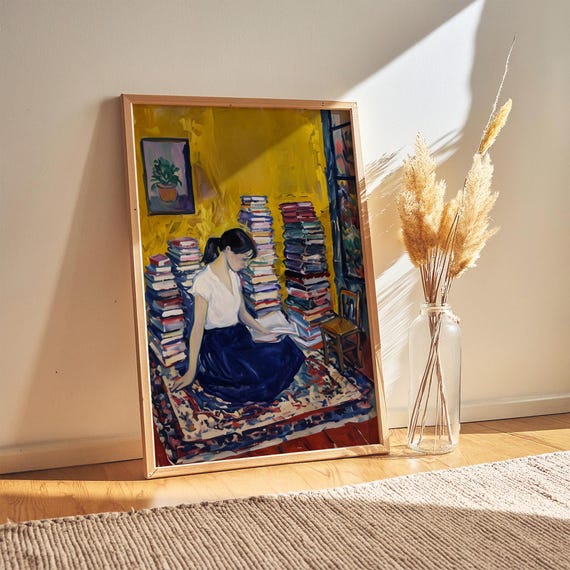 Woman Reading Poster Cozy Book Lover Art Impressionist Interior Painting Digital Download