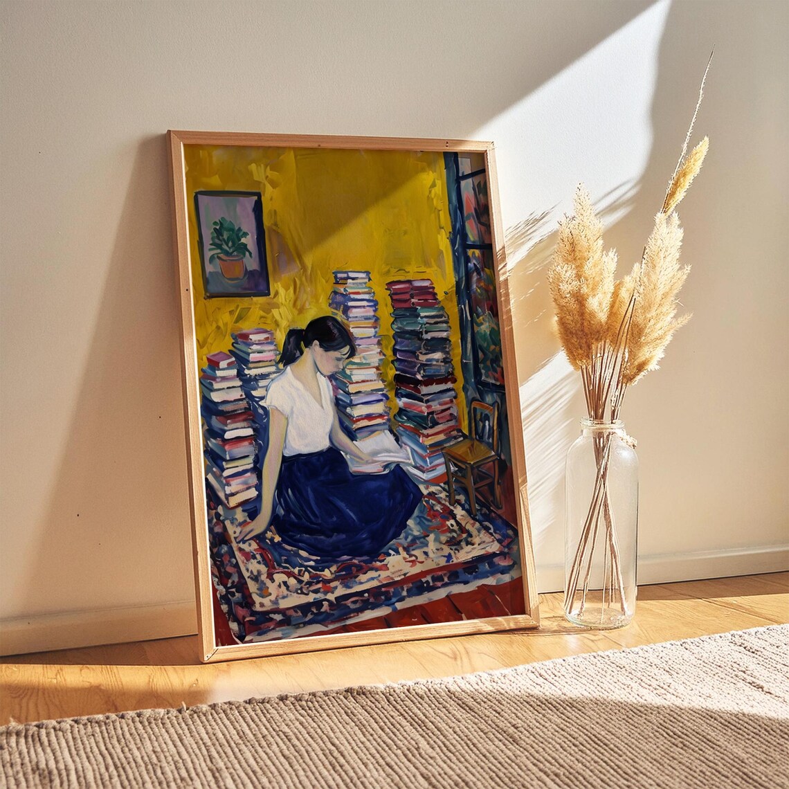 Woman Reading Cozy Book Lover Art Print Impressionist Yellow Room Decor