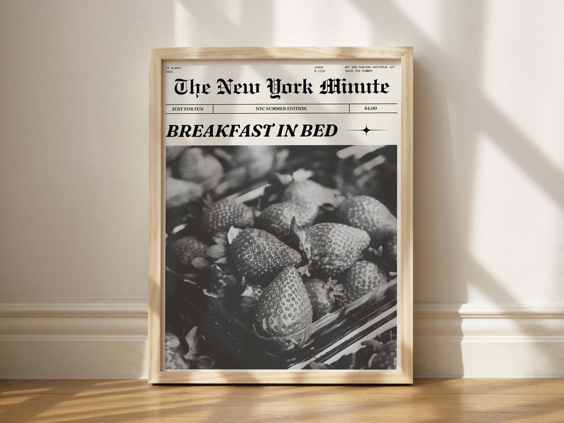 Breakfast in Bed Fresh Strawberry Vintage Newspaper Style Poster