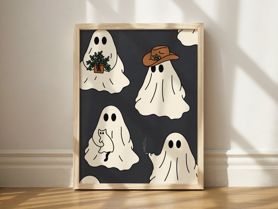Multi Ghosts On Black Print Cowboy Hat Lover Decor Art Cute Funny Halloween Wall