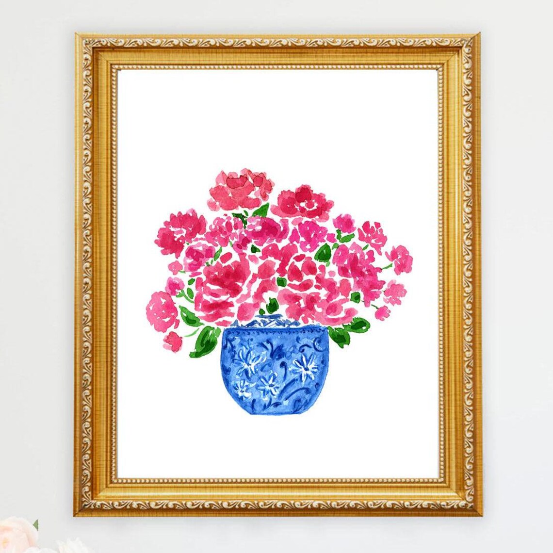 Peonies in Blue and White Vase Watercolor Art Print