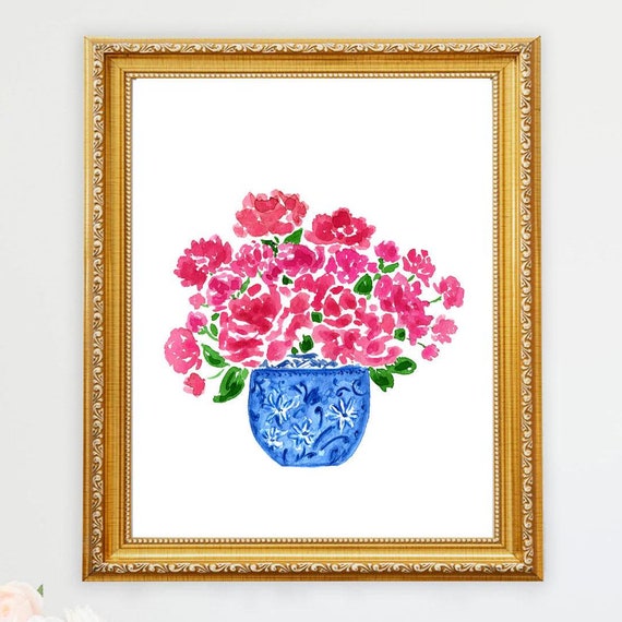 Peonies in Blue and White Vase Watercolor Art Print