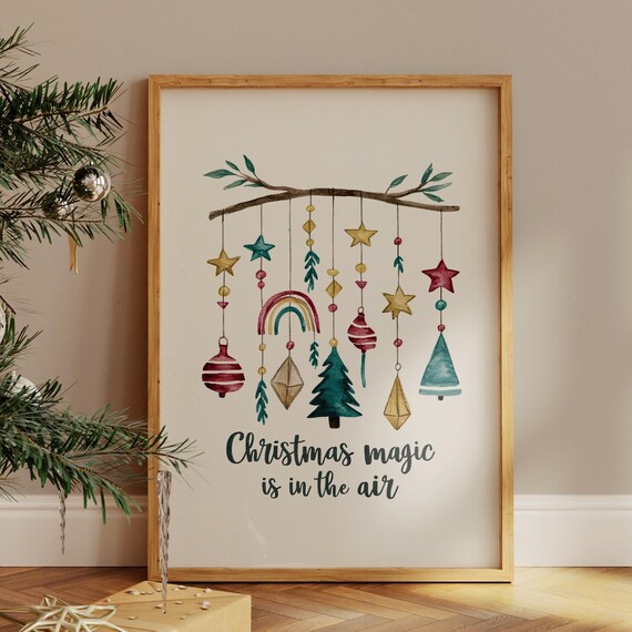 Christmas Magic Is in the Air Boho Watercolor Ornaments Poster