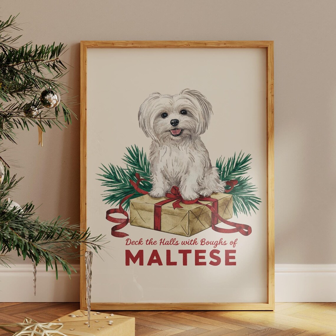 Deck the Halls Maltese Christmas Poster with Puppy on Gift Box