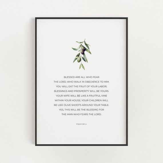 Psalm 128:1-4 Bible Verse, Watercolor Olive Branch Art Print