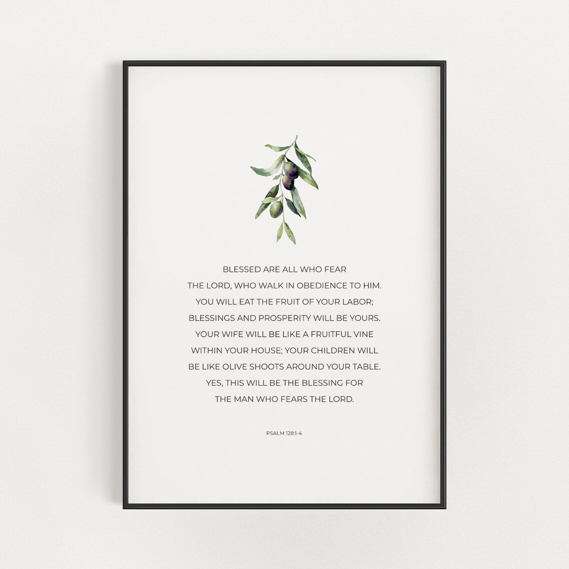 Psalm 128:1-4 Bible Verse, Watercolor Olive Branch Art Print