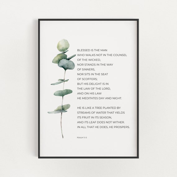 Psalm 11 3 Blessed Is The Man Christian Bible Verse Wall Art With Green Watercolor Eucalyptus Leaf Christian Fathers Day Gift