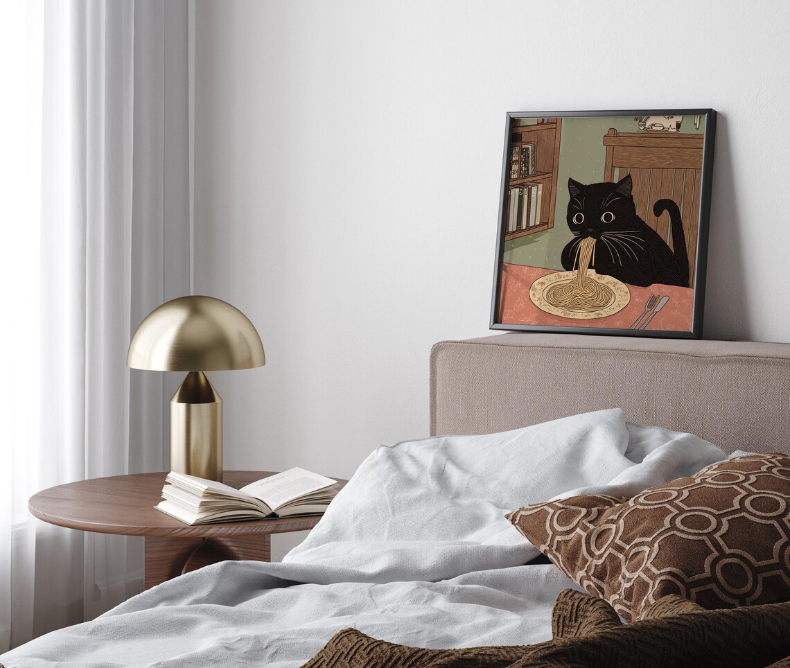 Cute Cat Eating Pasta, Kitchen Wall Art Poster - Image 2