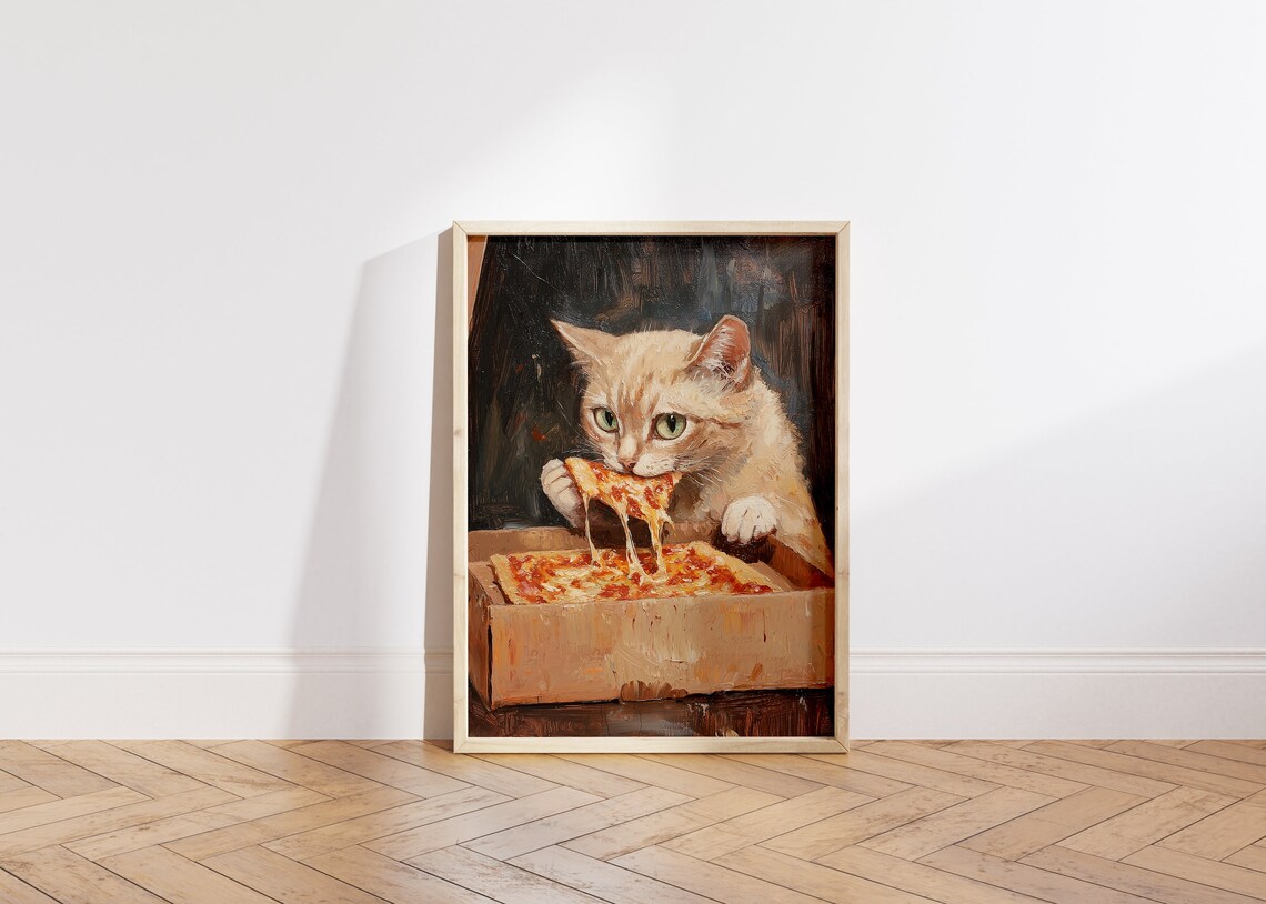 Cute Cat Eating Pizza, Funny Kitchen Art Print - Image 6