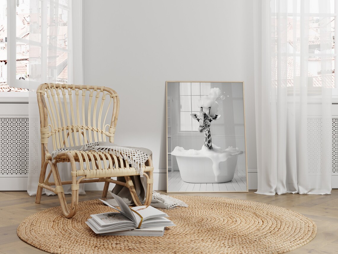 Cute Giraffe In A Bathtub, Funny Bathroom Art Print - Image 2