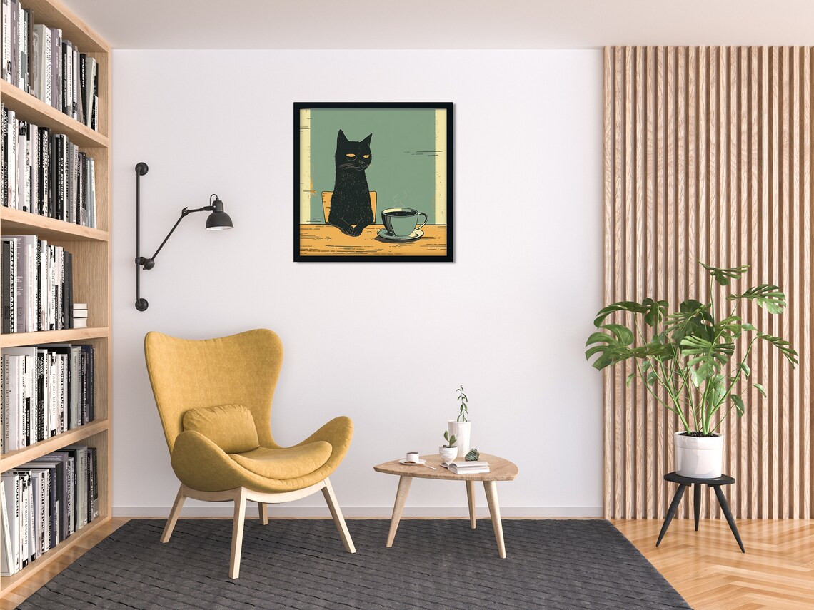 Black Cat Drinking Coffee, Funny Kitchen Wall Art - Image 3