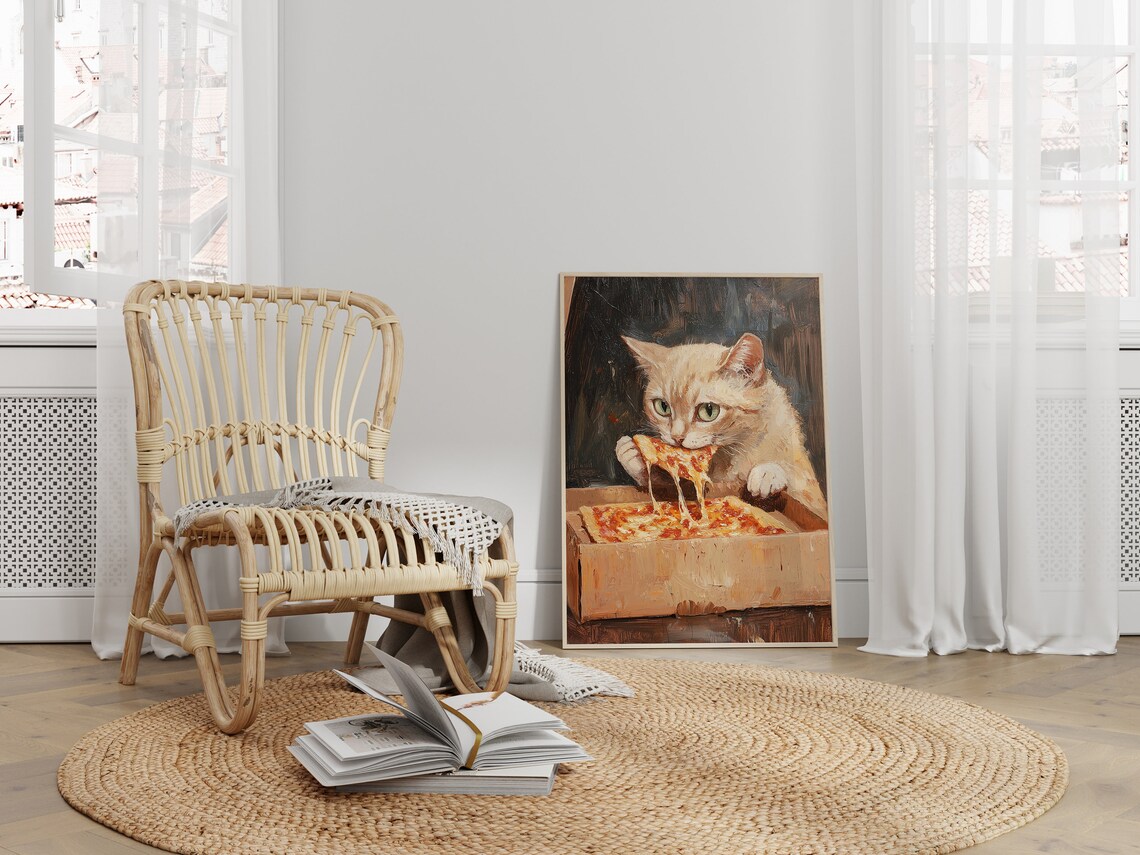 Cute Cat Eating Pizza, Funny Kitchen Art Print - Image 3