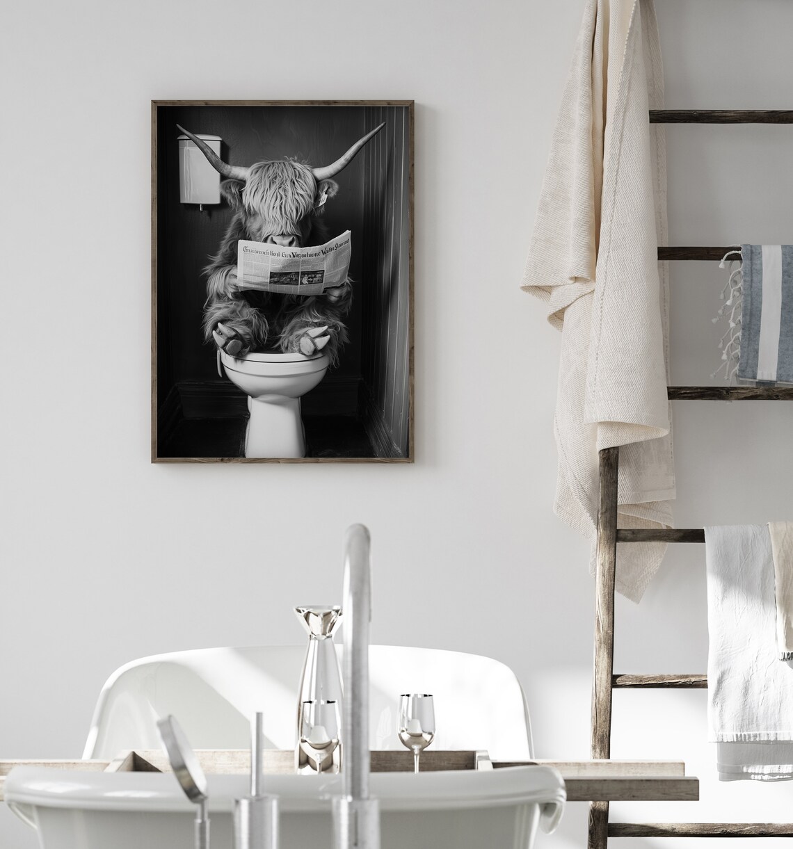 Highland Cow Sitting On The Toilet, Funny Bathroom Wall Art - Image 4