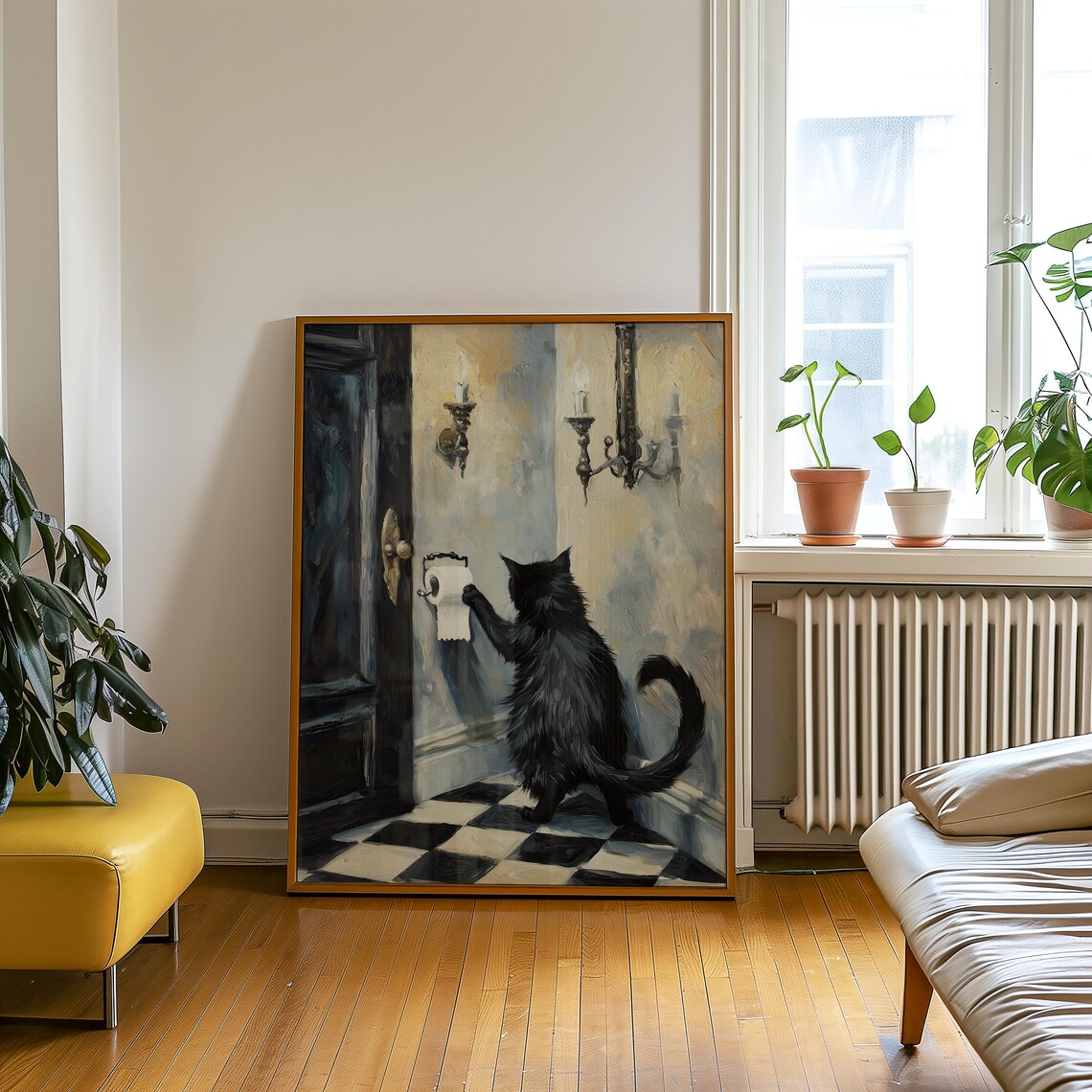 Funny Bathroom Cat Art, Whimsical Checkered Pattern - Image 2