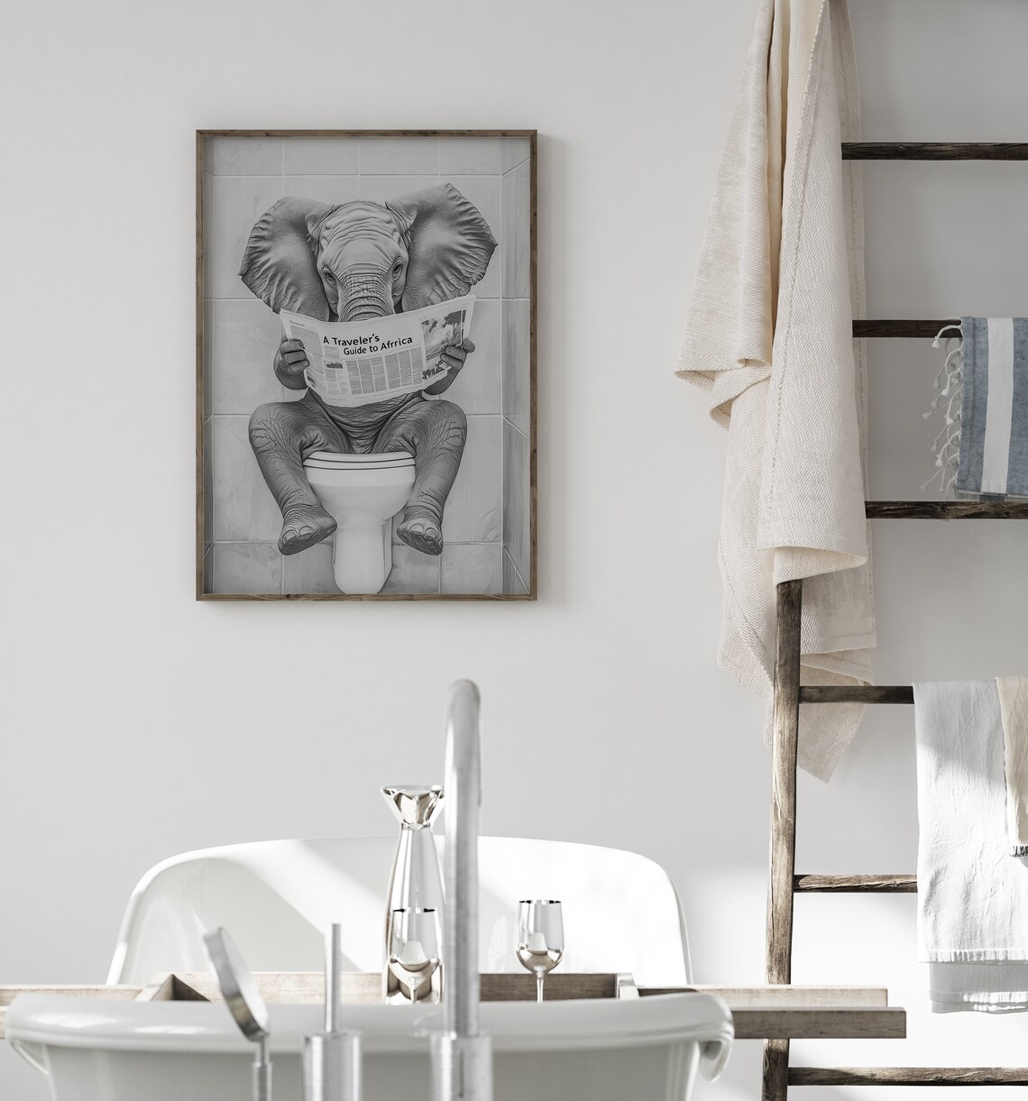 Elephant on Toilet Reading Newspaper, Funny Poster - Image 3