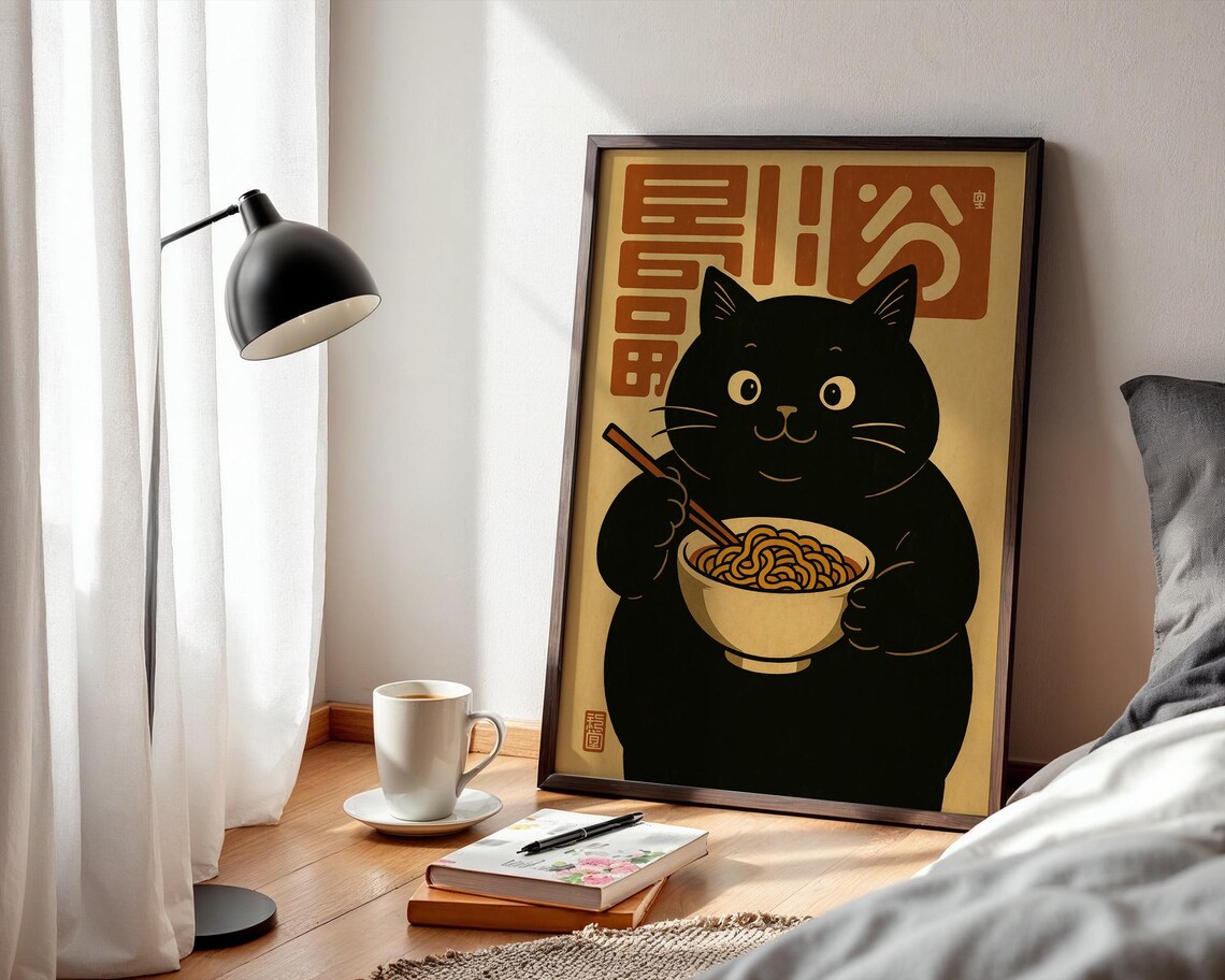 Chubby Cat Ramen, Japanese Retro Style Art Print - Image 4