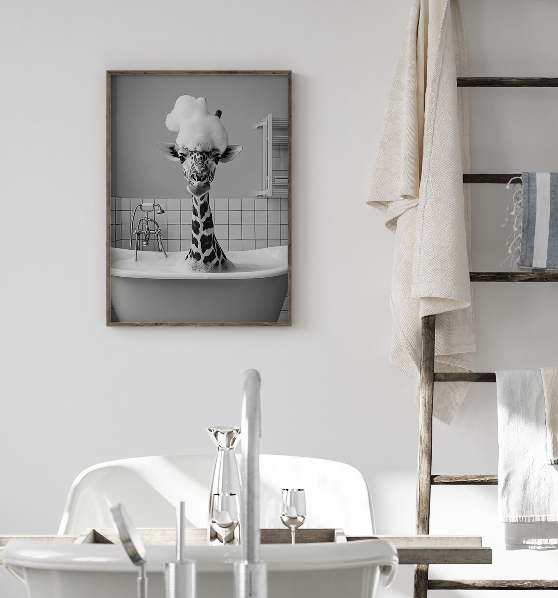 Giraffe In A Bubble Bath - Funny Bathroom Poster - Image 3