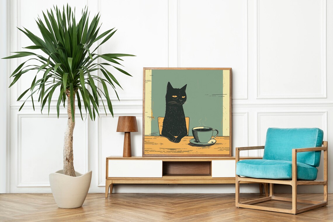 Black Cat Drinking Coffee, Funny Kitchen Wall Art - Image 4
