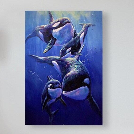 Art Print Orca Family Paper Killer Whale Family Wall Art Deep Sea Underwater Painting Wildlife Poster Beach House Home Decor