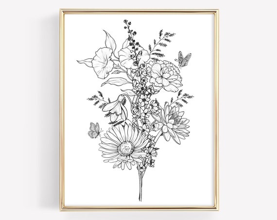 Custom Birth Flower Bouquet Tattoo Minimalist Art Print