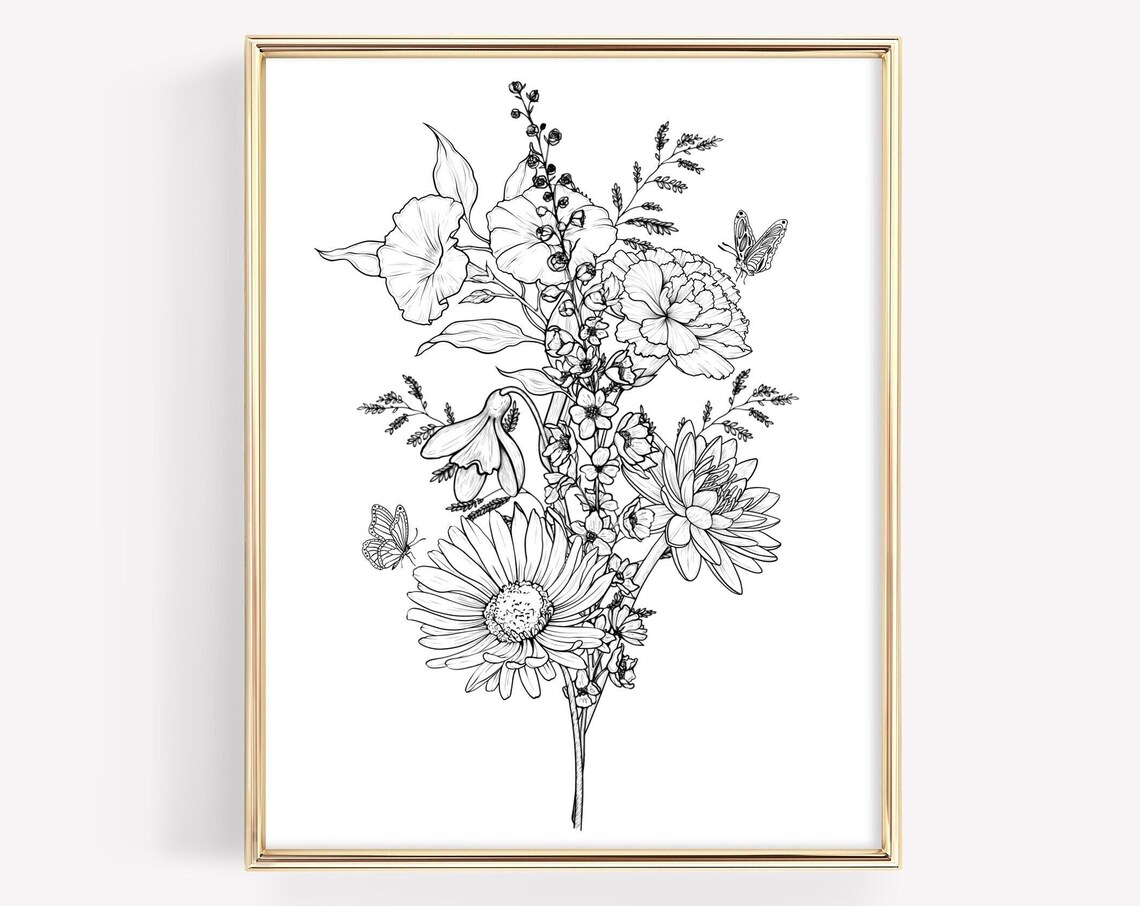 Custom Birth Flower Bouquet Tattoo Minimalist Art Print