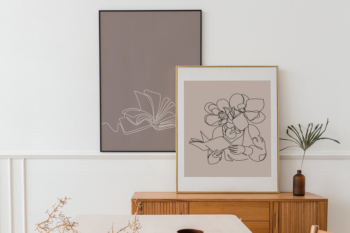Line Art Woman Reading Book Floral Book Lover Minimalist Poster - Image 2
