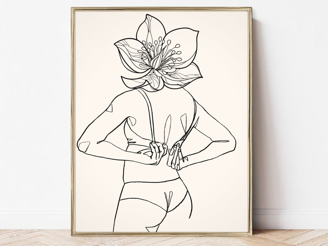 Standing Woman Big Flower Head Minimalist Back Line Art Poster