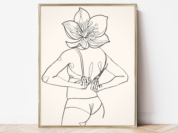 Standing Woman Big Flower Head Minimalist Back Line Art Poster