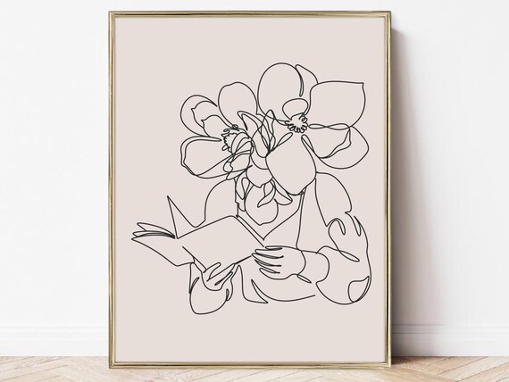 Line Art Woman Reading Book Floral Book Lover Minimalist Poster