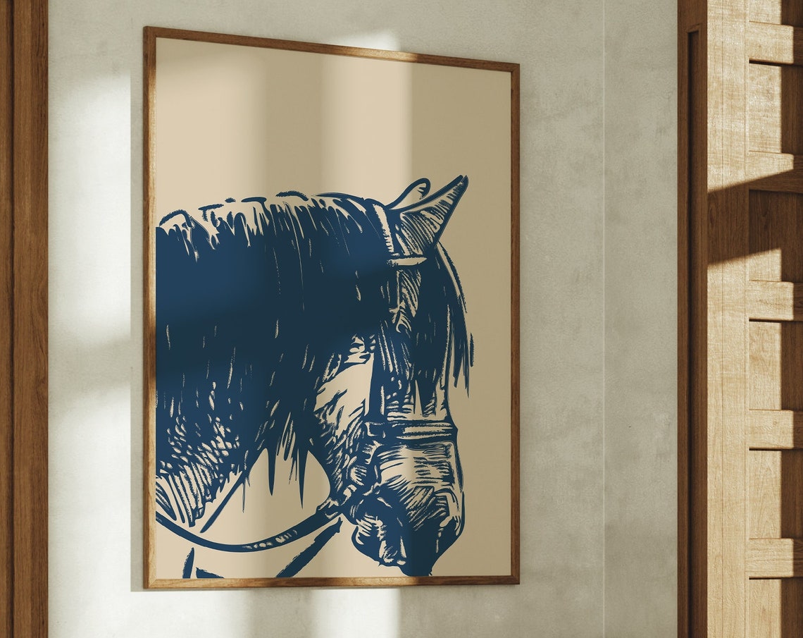 Horse Head Navy Line Art Tan Background Western Boho Wall Poster