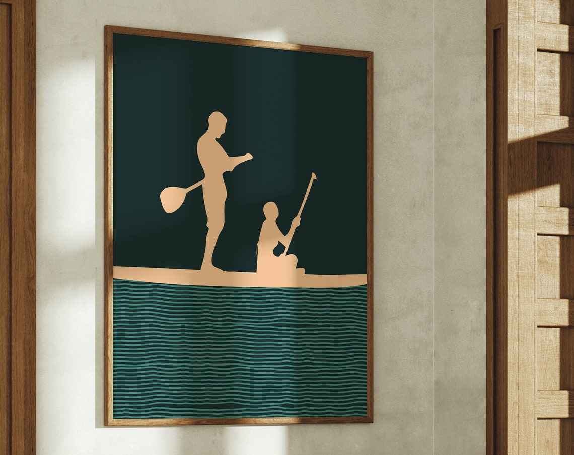 Boho Two Paddlers One Board Teal Water Minimalist Sports Wall Poster