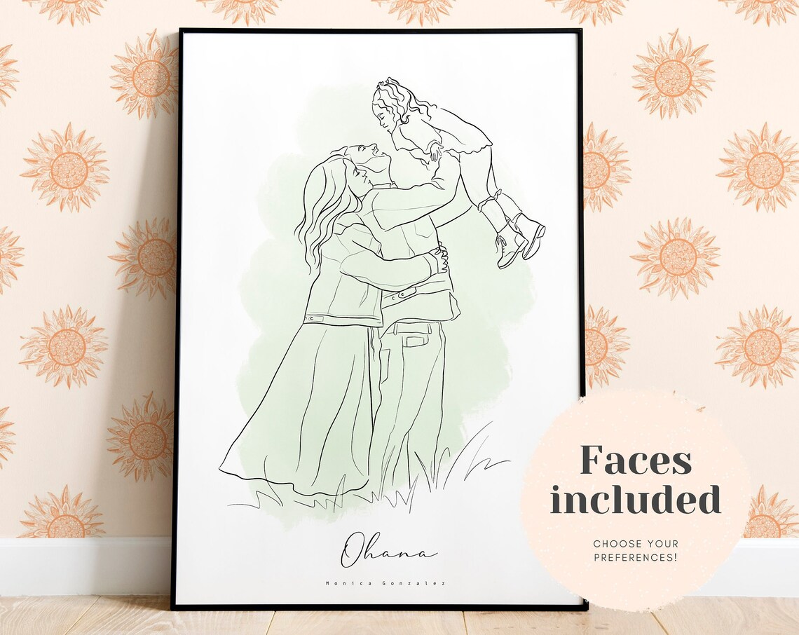 Ohana Family Hug Line Art Green Watercolor Custom Gift Poster