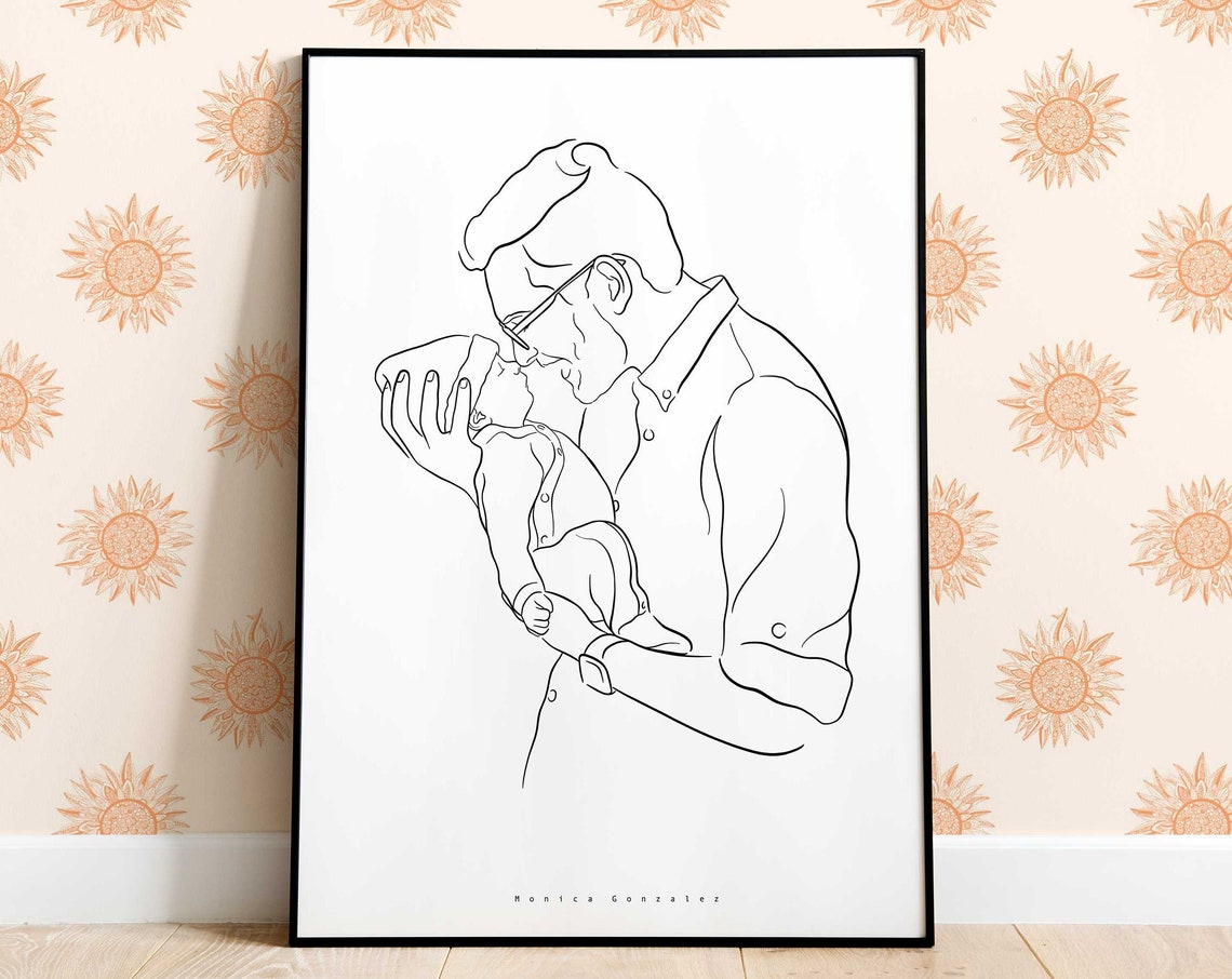 Father Kissing Newborn Baby Line Art Portrait Poster Keepsake Gift