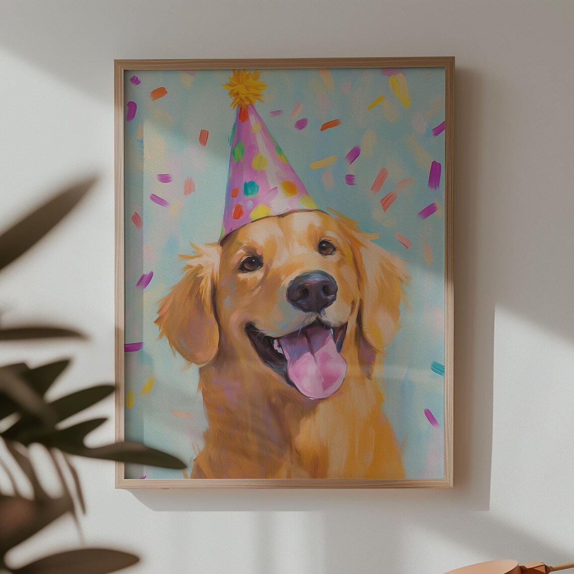 Golden Retriever with Party Hat Confetti Kids Room Dog Art Poster
