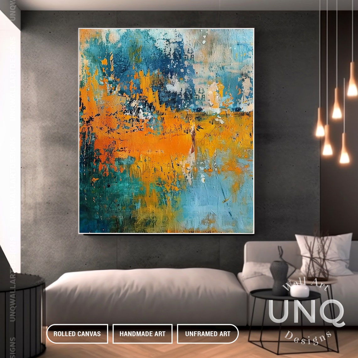 Rust Orange Band On Blue Textured Modern Abstract Painting Poster - Image 3