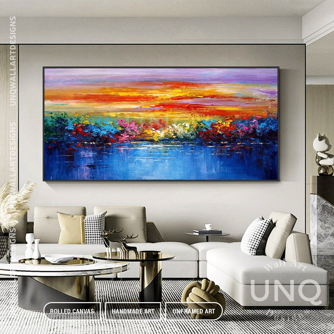 Colorful Lakeside Sunset Flowers Landscape Impasto Painting Art Poster - Image 2