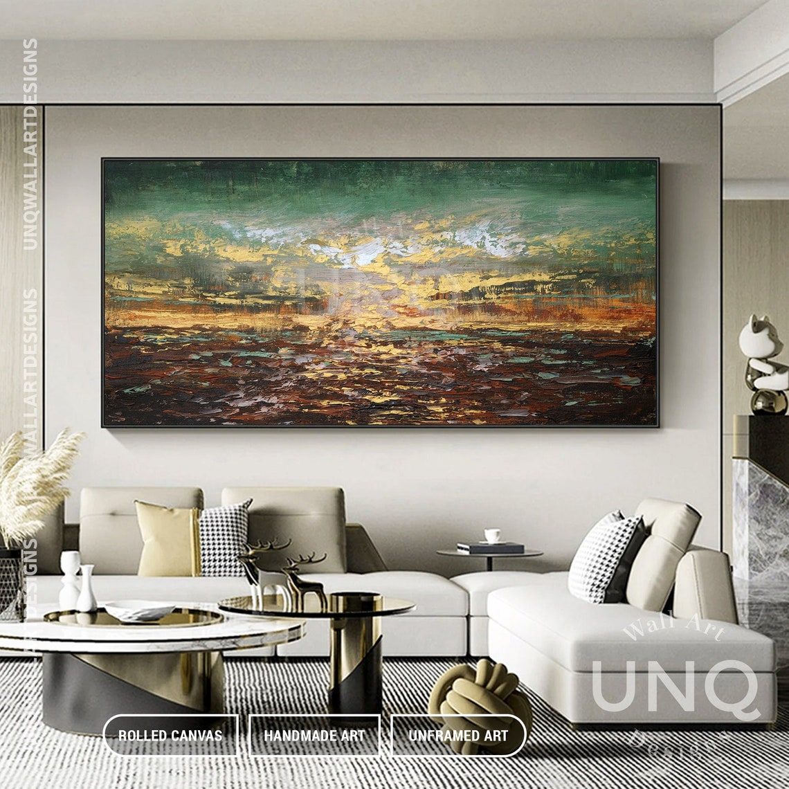 Green And Gold Abstract Landscape Dusk Textured Painting Decor Poster - Image 2