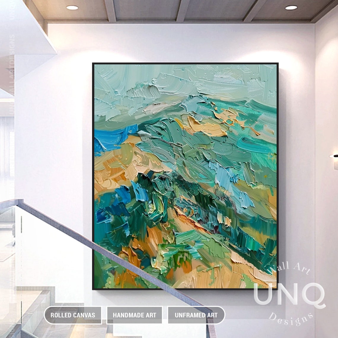 Original Mountain Scenery Painting On Heavy Green Palette Knife Texture Wall Art Unique Stylish Mountain Landscape Wall Decor - Image 2