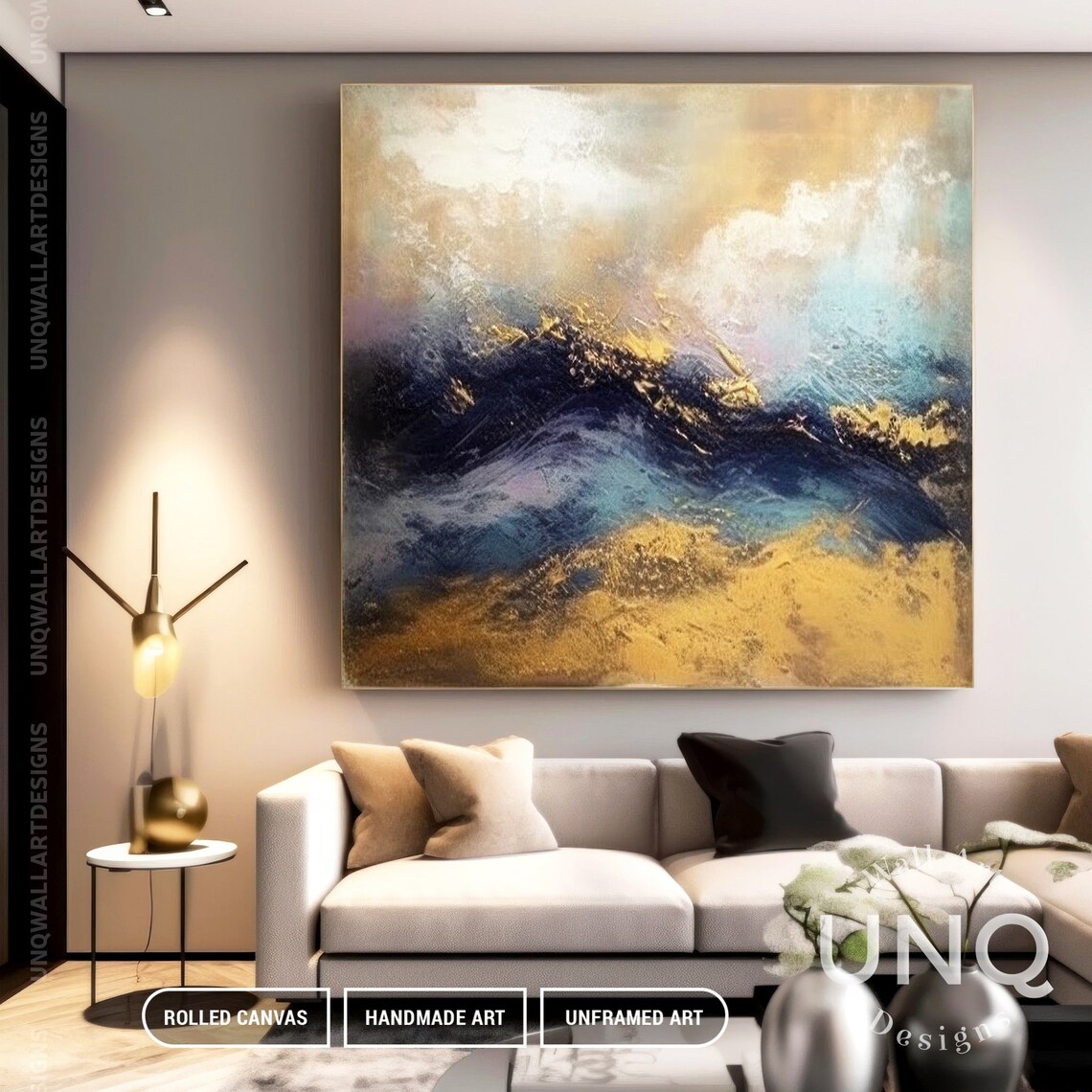 Gold Blue Wave Art Print, Modern Coastal Decor - Image 3