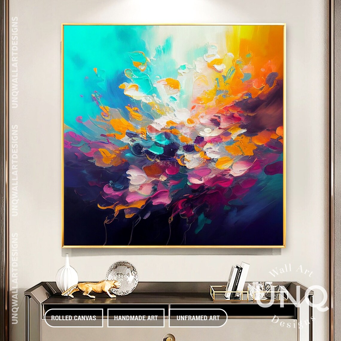 Colorful Abstract Floral Burst Explosion Oil Painting Turquoise Poster - Image 2
