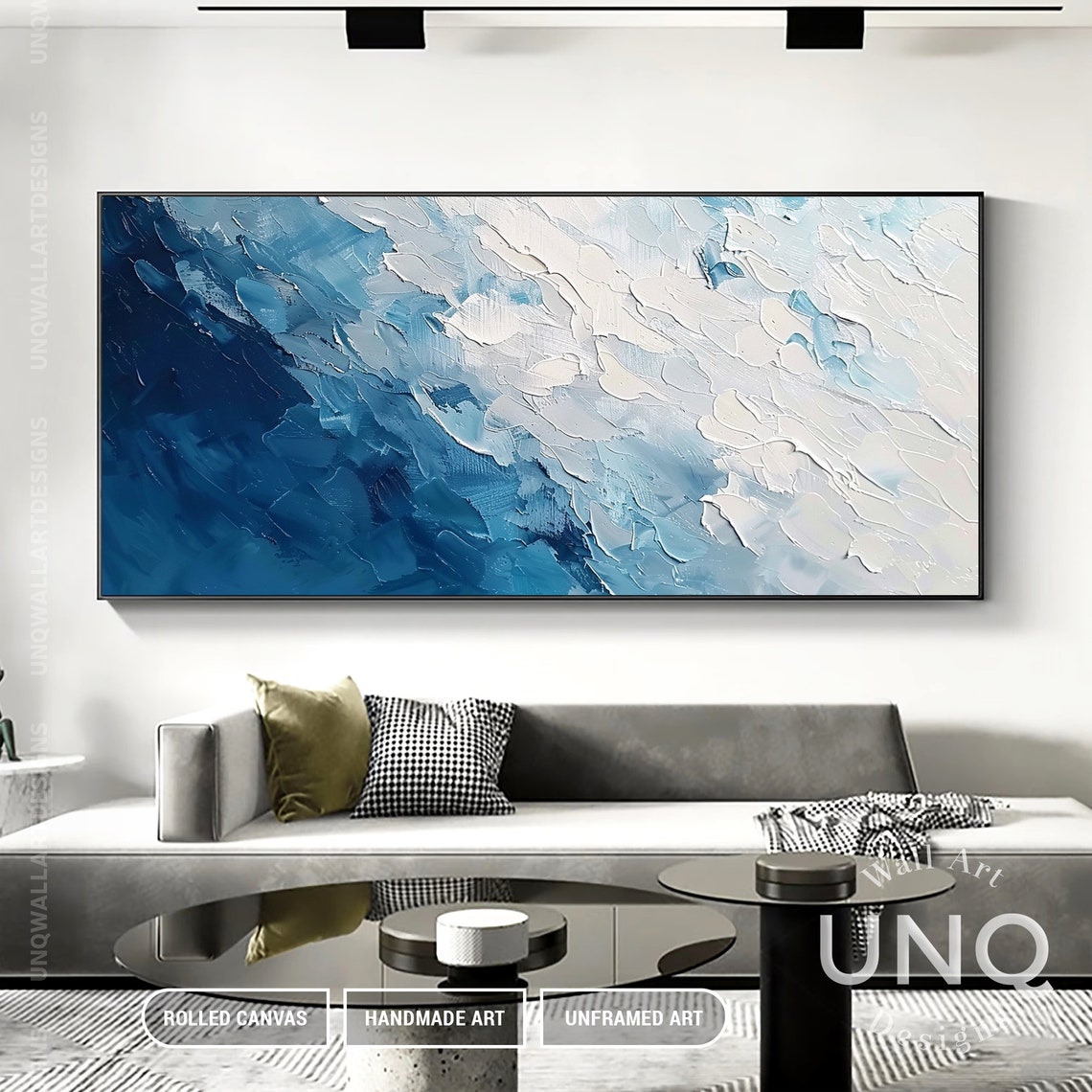 Navy To White Diagonal Waves Heavy Impasto Modern Abstract Poster - Image 6