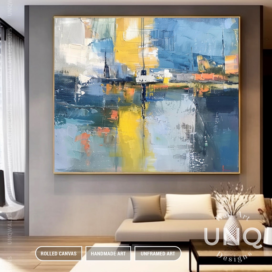 Blue And Yellow Abstract Cityscape Reflections Modern Urban Poster - Image 3