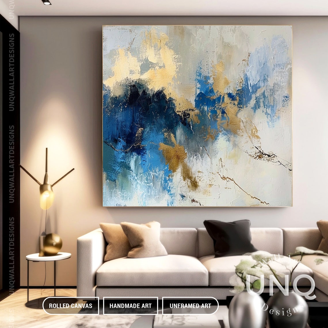 Navy Blue Gold And Cream Waves Modern Luxury Abstract Art Poster - Image 6
