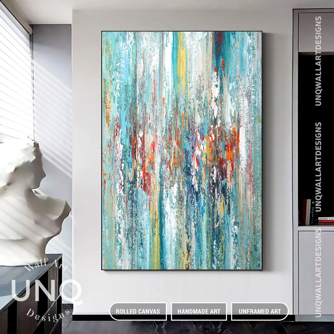 Blue and Gold Abstract Art Print, Living Room Decor - Image 2