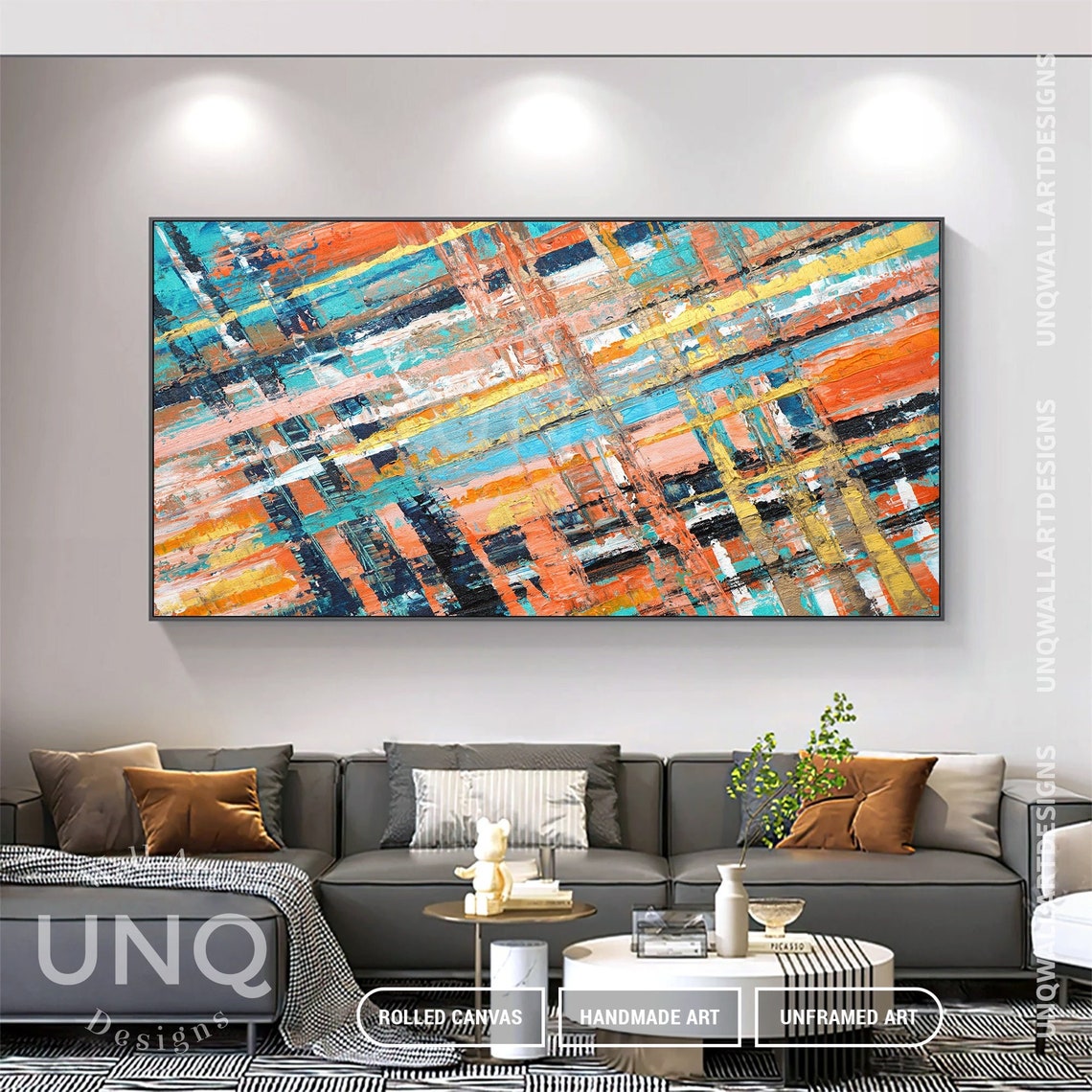Orange Teal And Navy Diagonal Lines Colorful Modern Boho Art Poster - Image 2