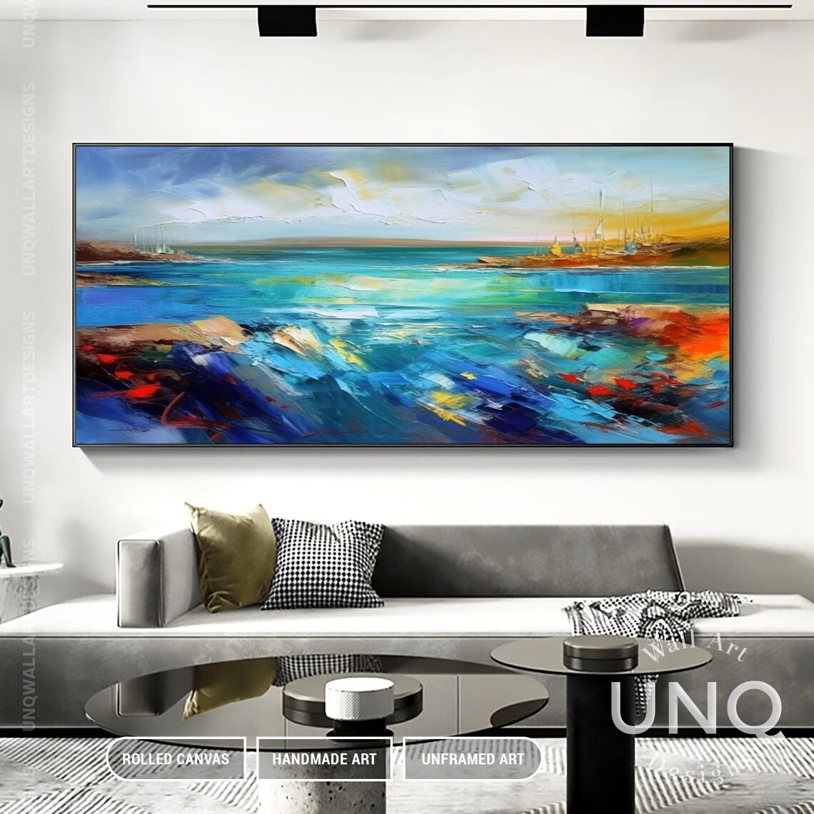 Turquoise Sea And Golden Sky Colorful Modern Coastal Painting Poster - Image 4