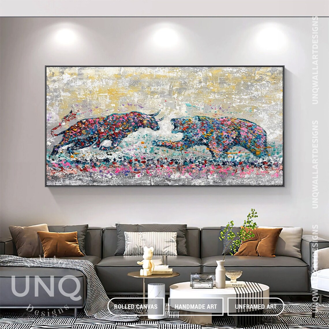 Colorful Bull Vs Bear Abstract Painting Stock Market Finance Decor Poster - Image 6
