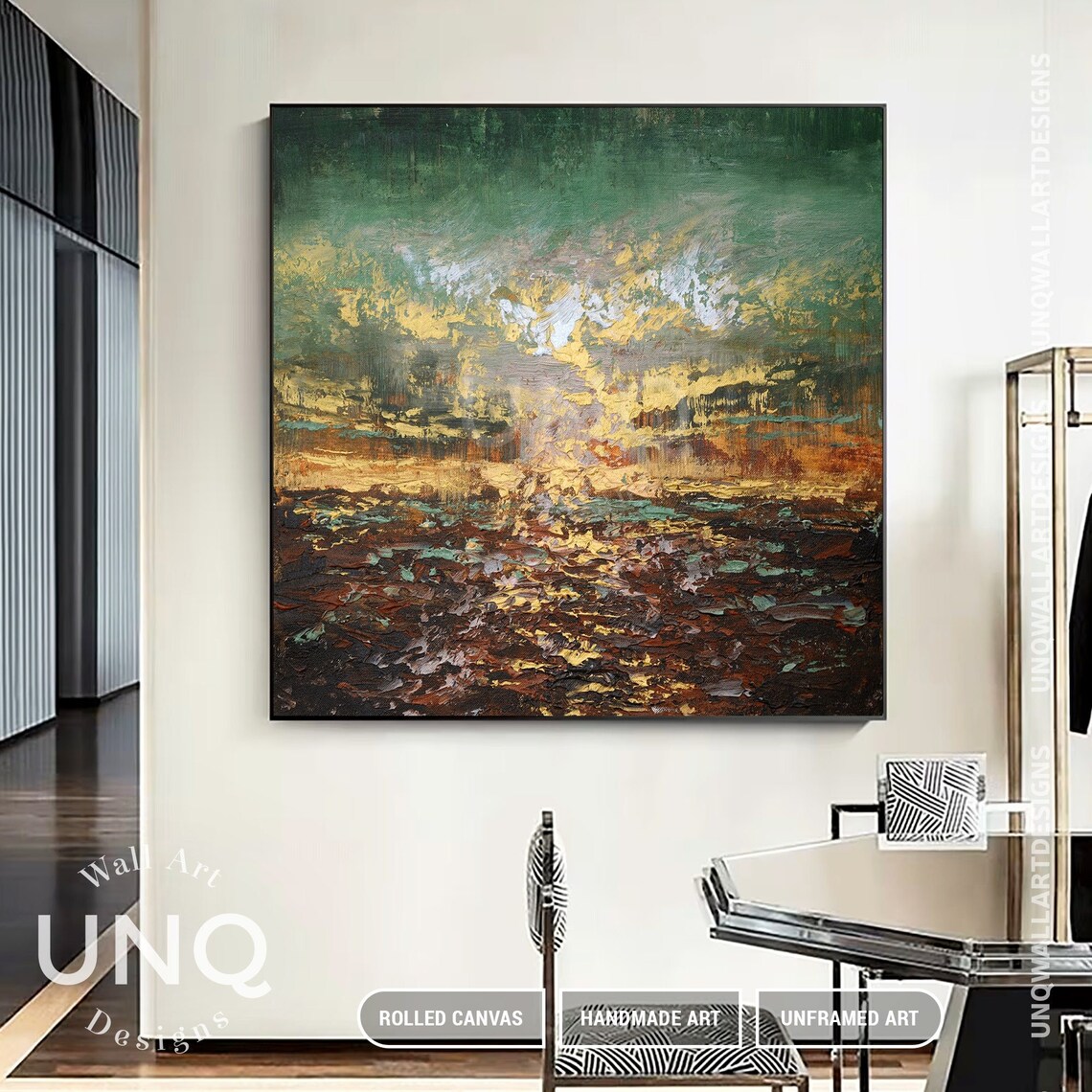 Green And Gold Abstract Landscape Dusk Textured Painting Decor Poster - Image 3