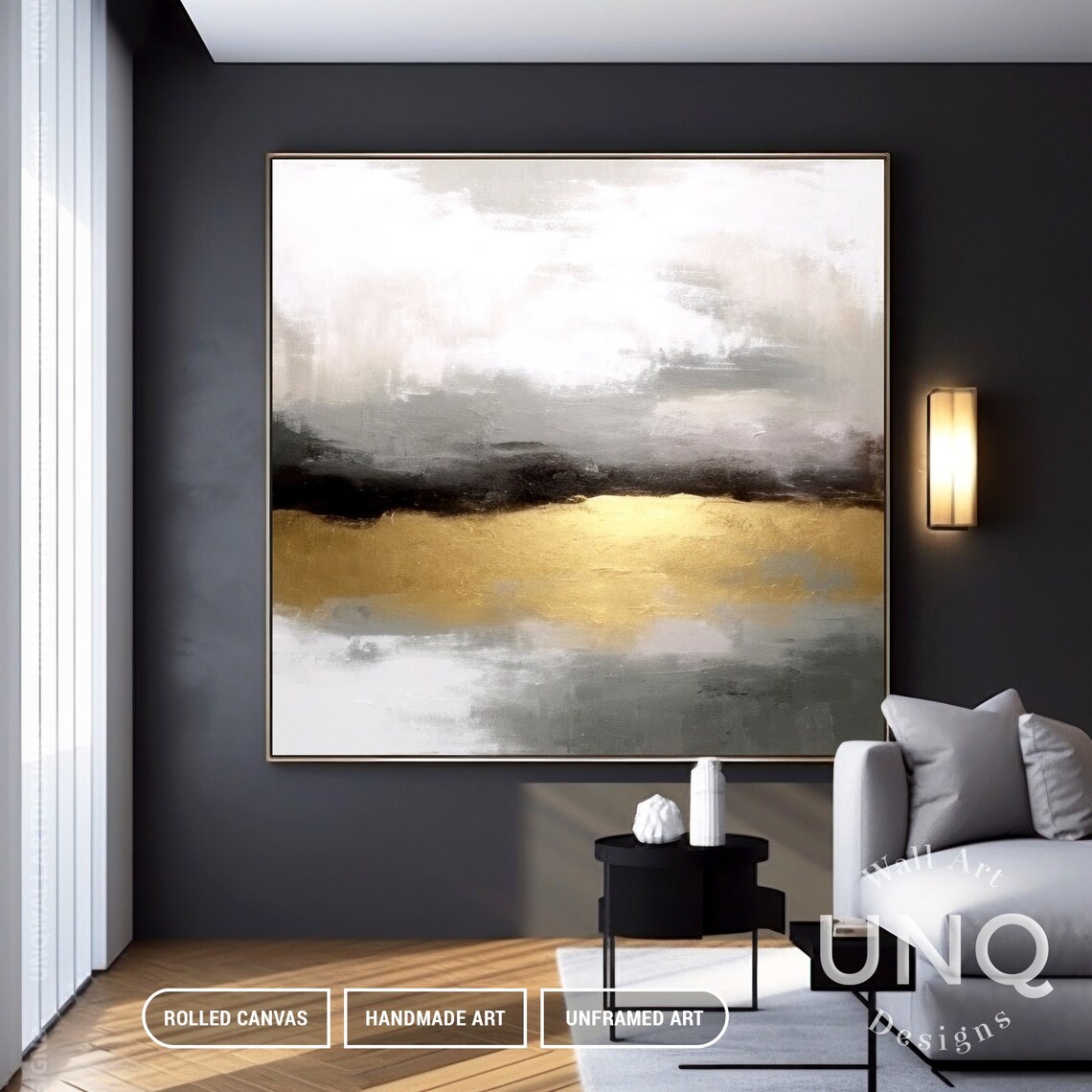 Grey And Gold Abstract Painting Misty Horizon Band Minimalist Poster - Image 2
